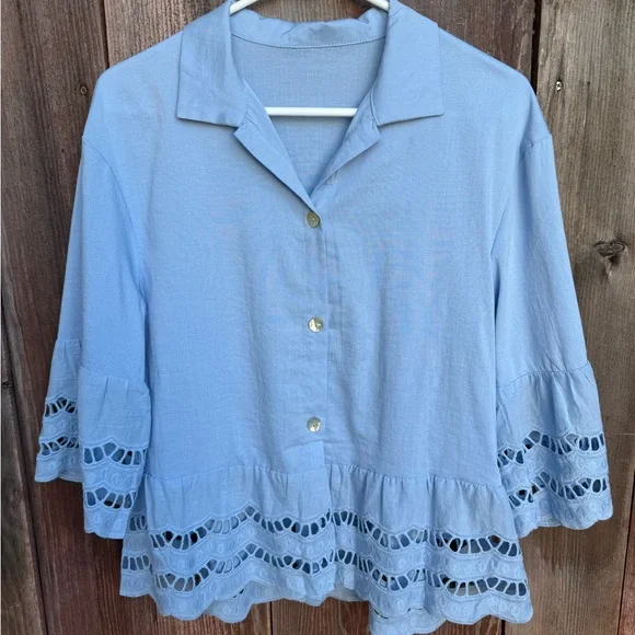 **NWOT** Light Blue Lace Trim Button Down 3/4 Sleeve Women's Top Size Small - Picture 5 of 16
